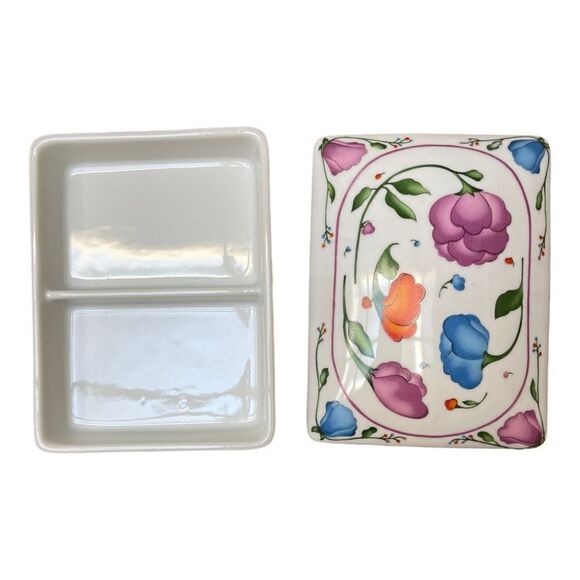 Vintage HORCHOW Floral Porcelain Divided Dish Trinket Box Japan Blue Pink Orange - Picture 3 of 7